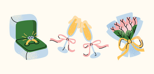 Cartoon stickers Valentine's Day concept. Set of romantic elements flowers, gift boxes, hearts, love letters, doves, and champagne glasses isolated on a light background vector illustration.