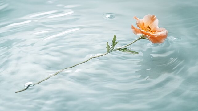 single flower stem partially submerged in shallow pool of water with subtle ripples