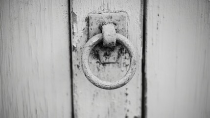 Close-up of a weathered, rusty metal ring door knocker on a white wooden door.