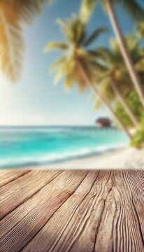 Empty rustic wooden table on blur background of beautiful beach for mockup summer product display or travel ad. Picnic table with customizable space on table-top for editing. Flawless