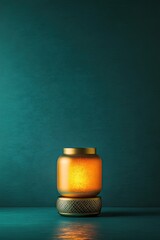 sleek golden lantern glowing softly on smooth teal surface with subtle patterns etched into base