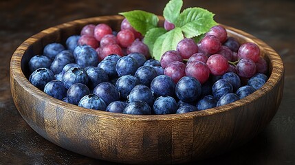 wooden bowl overflowing with plump, juicy blueberries, garnished with fresh mint leaves