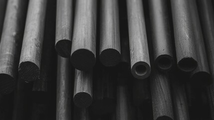 Close-up of stacked dark cylindrical rods, showing various diameters and textures.