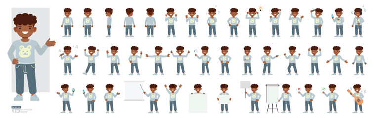 Set of kid character vector design. Boy wear blue shirt. Presentation in various action with emotions, running, standing and walking.