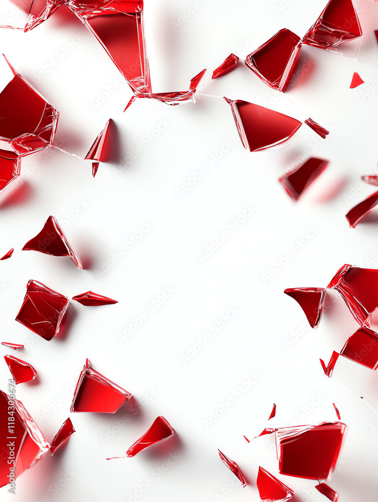 Poster a collection of shattered red glass pieces scattered on a white background, creating a dynamic and s