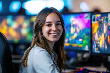 Fototapeta premium smiling young female game developer sitting at her workstation surrounded by multiple screens