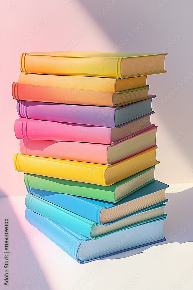 Poster stack of colorful books arranged in perfect gradient placed centrally on smooth white surface with s