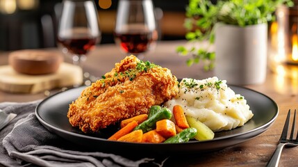 Fototapeta premium Delicious Golden Crispy Fried Chicken with Mashed Potatoes and Colorful Vegetables on a Dinner Plate