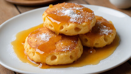 Baghrir Pancakes Drizzled Syrup Stack Closeup Breakfast