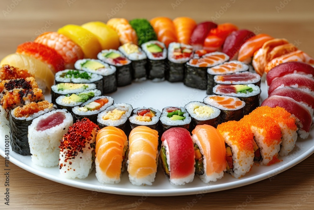 Poster visually striking display of sushi arranged in concentric circles on white plate with vibrant fillin