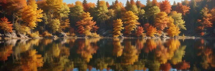 Autumn foliage reflected perfectly in the still waters of a summer lake , peaceful atmosphere, natural beauty, autumn leaves
