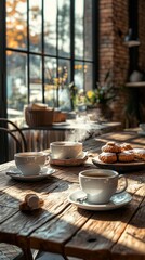 A cozy cafÃ© with steaming coffee cups and fresh pastries on a rustic table