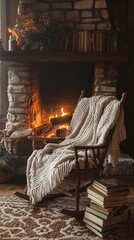 A cozy fireplace setting with a rocking chair, knitted blanket, and a stack of books