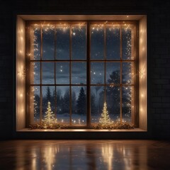 Christmas Eve lights reflected in a shiny windowpane, inviting atmosphere, reflective surface