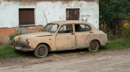 Dusty vintage car parked by a dilapidated building.
