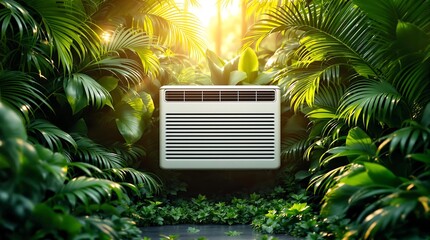 An air conditioning unit surrounded by vibrant greenery, symbolizing fresh air and eco-friendly energy solutions.