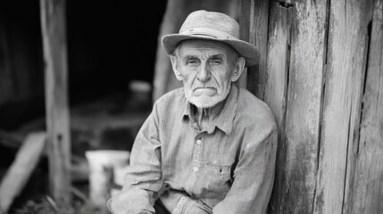 Fototapeta premium Elderly man in hat sits by weathered wooden structure.