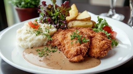 Crispy Fried Chicken with Tender Meat and Flavorful Gravy Served with Mashed Potatoes and Salad