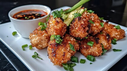 Fototapeta premium Golden Fried Chicken Plate with Crunchy Breading and Garnishes Served with a Tangy Dipping Sauce
