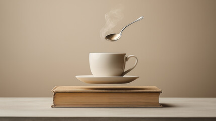 Cup of coffee on a book. 3D rendering. Vintage style.