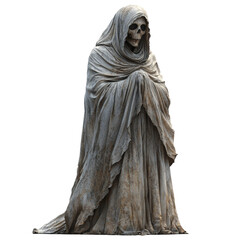 Eerie hooded skeleton statue with weathered cloak and grinning skull