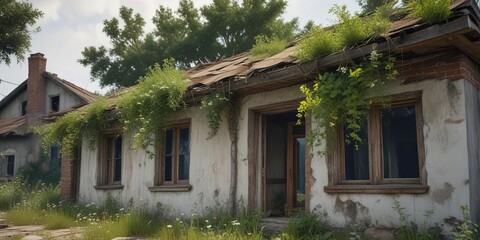 Fototapeta premium Weeds covering the roof of an abandoned house, neglected, weeds, roof