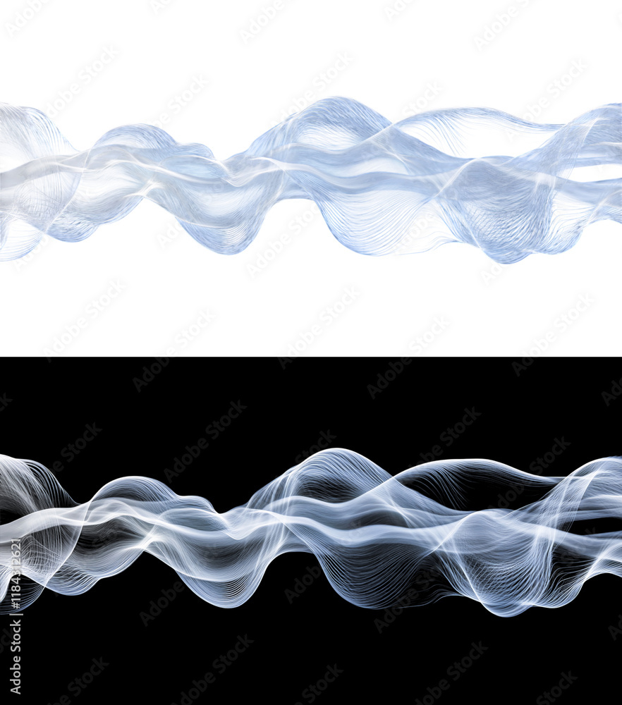 Poster abstract flowing light blue waves with fine lines. transparent background, png image