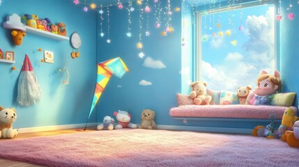 An animated cartoon girl room with sky-blue walls and a soft pink fluffy rug. The room is decorated with hanging fairy lights, stuffed animals.