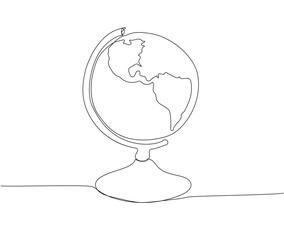 Globe, world map, geography, study, student life, school one line art. Continuous line drawing of knowledge, cognition, school, education.