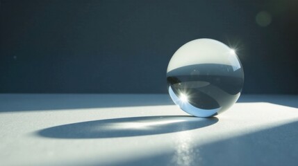 A crystal sphere illuminated by sunlight casts a shadow on a surface