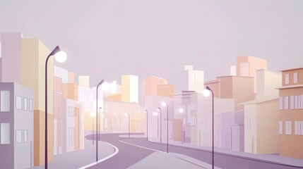 A quiet, stylized city street scene features smooth curving asphalt and glowing lampposts, offering a minimalist background for urban planning.