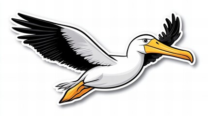Obraz premium A cartoon pelican in flight, its wings spread wide against a white background. The bird's colors are bright and bold.