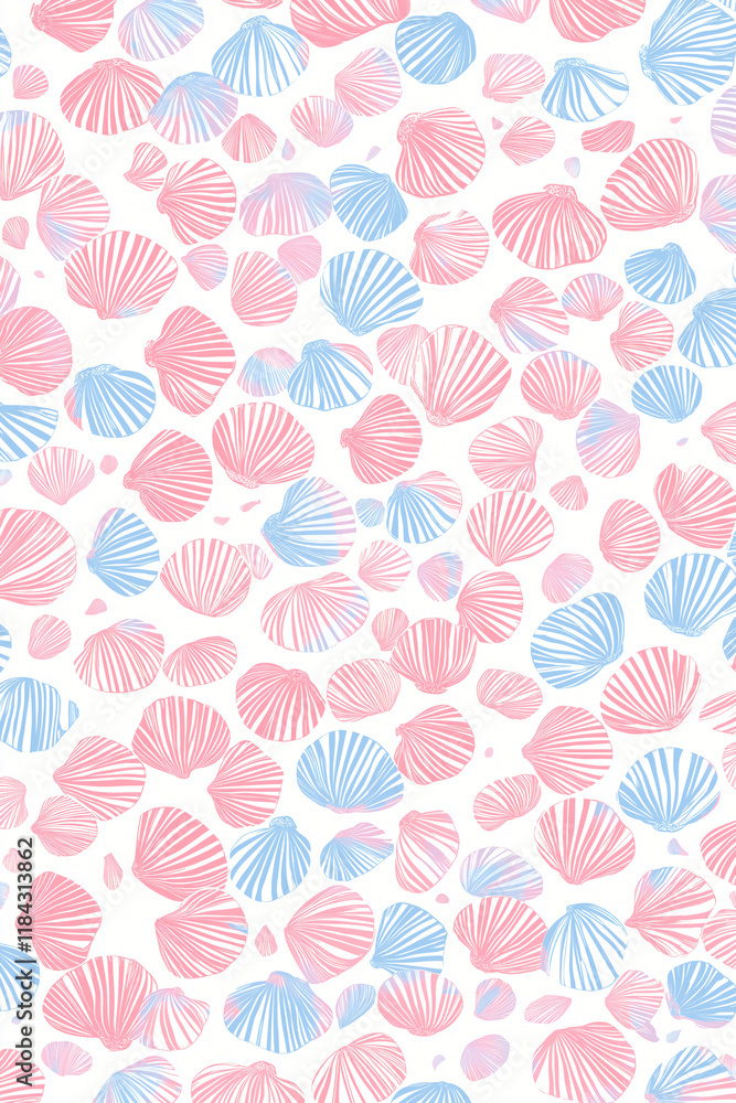 Poster Sea Shell Pattern: Delicate pink and blue seashells create a whimsical pattern, reminiscent of a beach day or a summer breeze. Perfect for creating a beachy aesthetic for your designs.