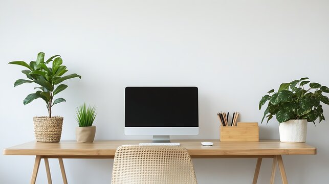 Modern Eco-Friendly Workspace with Bamboo Desk, Indoor Plants, and Earthy Tones for a Calming and Productive Home Office Environment