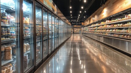 Obraz premium Refrigerated display cases and shelves stocked with food products in supermarket