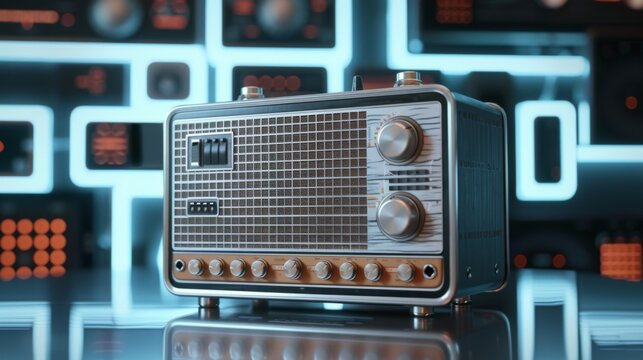 Close-up of a vintage radio with static noise, symbolizing the decline of traditional media against a blurred background of modern digital devices.
