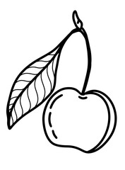 Cherry illustration with a green leaf in a simple black outline style
