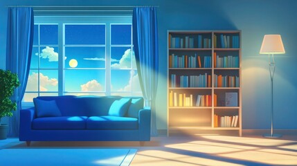An animated living room scene transitioning from vibrant daylight with bright blue skies visible through the windows to a serene moonlit night with soft, cool lighting. 