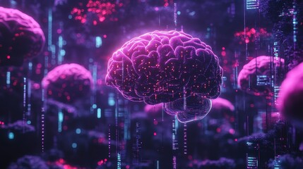 Futuristic Digital Brain with Neon Lights and Data Streams in a Virtual Reality Environment