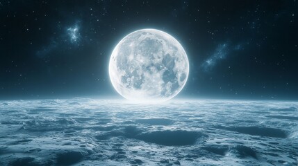 Fototapeta premium Ethereal Moonscape, Barren Craters Bathed in Silver Moonlight, Swirling Nebulae, Cosmic Background.