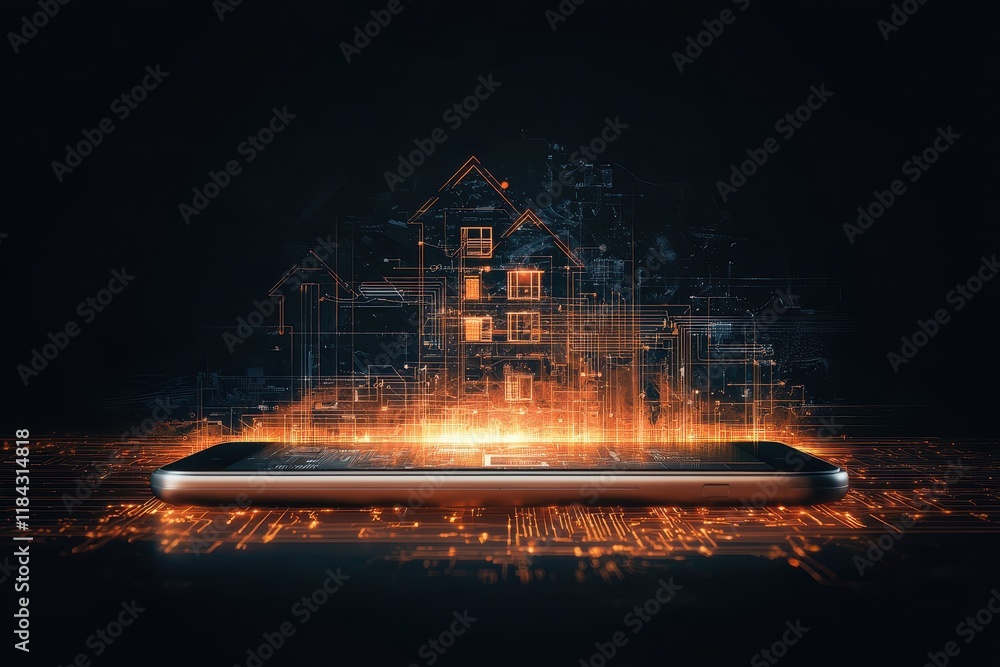 Poster a smartphone displays a digital blueprint of a house, symbolizing the integration of technology and 