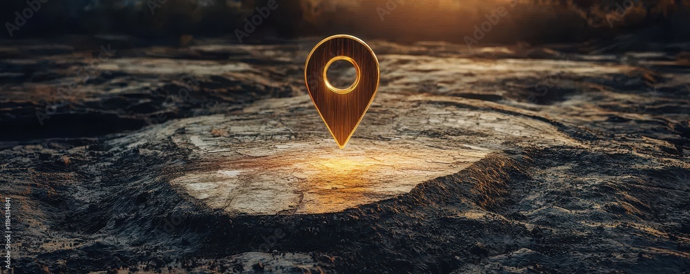 Poster a golden location pin stands illuminated on a textured surface, suggesting a point of interest or na