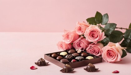 Chocolates and Roses Perfect Combination on soft pink table, copy space