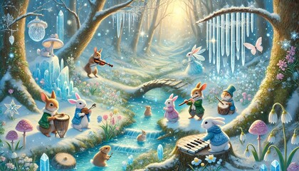 An enchanting woodland symphony featuring animals playing instruments amidst a magical, snowy forest with glowing crystals and blooming flowers