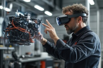 Mechanic uses virtual reality technology to interact with holographic engine in a modern workshop setting