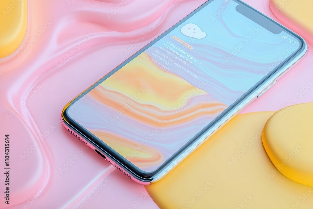 Fototapete Close up view of modern smartphone showing colorful messenger chat on vibrant background during daytime. Generative AI