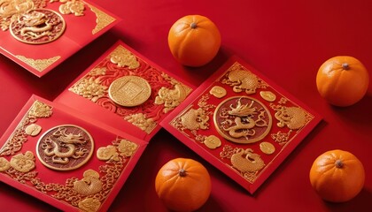 Close up of elegant red envelope on red background. Chinese new year