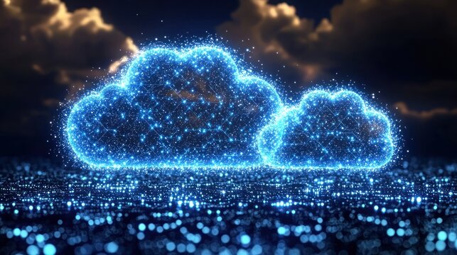 Digital representation of clouds made of glowing particles against a dark background.