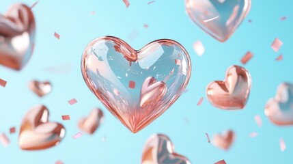 Obraz premium Confetti texture concept with soft shadows for Valentine's Day. Floating translucent hearts in a vibrant blue background