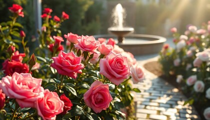 A serene rose garden filled with various shades of roses red, pink, and white each adorned with sparkling dew drops, A small fountain in the background creates rippling water reflections, while soft.